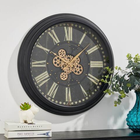 Glitzhome 27.5"D Farmhouse Oversized Wall Clock with Moving Gears Tempered Glass