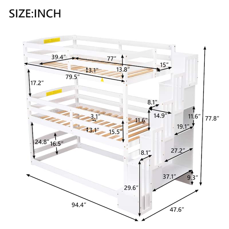 Separate Design Triple Bunk Bed with Storage Staircase, Converts to Bunk Bed and Platform Bed