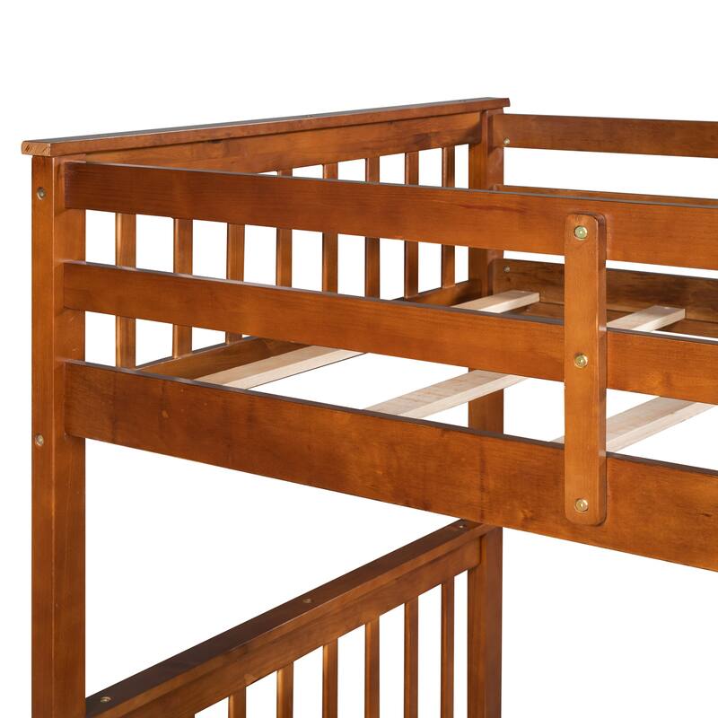 Twin Over Twin Bunk Bed Convertible 2 Platform Beds, Wooden Panel Bed with Ladder, Guardrail and 2 Drawers