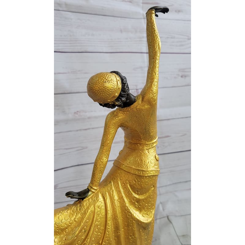 Chiparus Arabesque Dancer Gold Patina Bronze Sculpture Statue Art Deco Figure On Marble Base