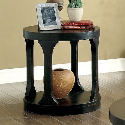 Wooden Round End Table with Open Shelf in Antique Black