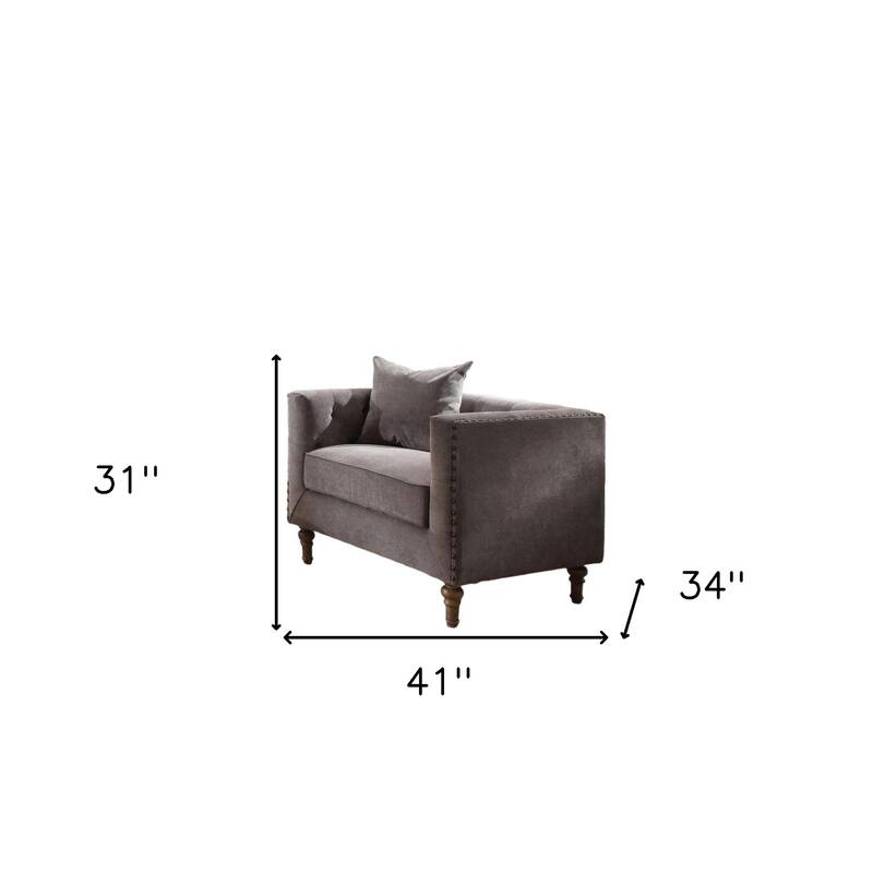 HomeRoots 41" Gray and Antiqued Brass Velvet Tufted Arm Chair And Toss Pillow - 41' X '31' X '34