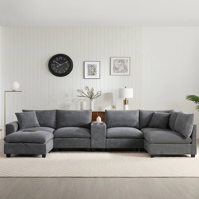 Convertible Modular Sofa 6 Seat Sectional Corduroy Couch with Side Pockets, Cup Holder, USB and Storage Ottoman for Living Room