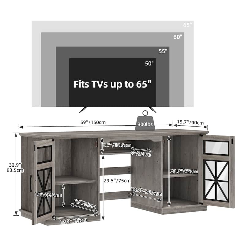 Moasis Farmhouse TV Stand Media Entertainment Console with Glass Doors Fits for 24" Fireplace TVs up to 65'' - Without Fireplace