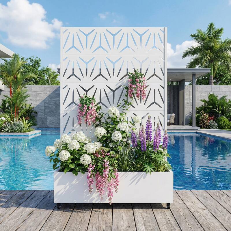 Metal Galvanized Planter Box with Trellis Privacy Screen Lockable Wheels - White-Rectangle - 72"x47"