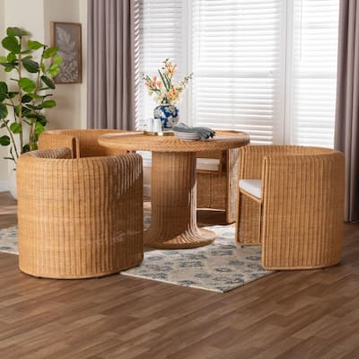 Amaya 5-Piece Round Rattan Dining Set - Handwoven Wicker Pedestal Table and 4 Barrel Chairs, Boho Coastal Style