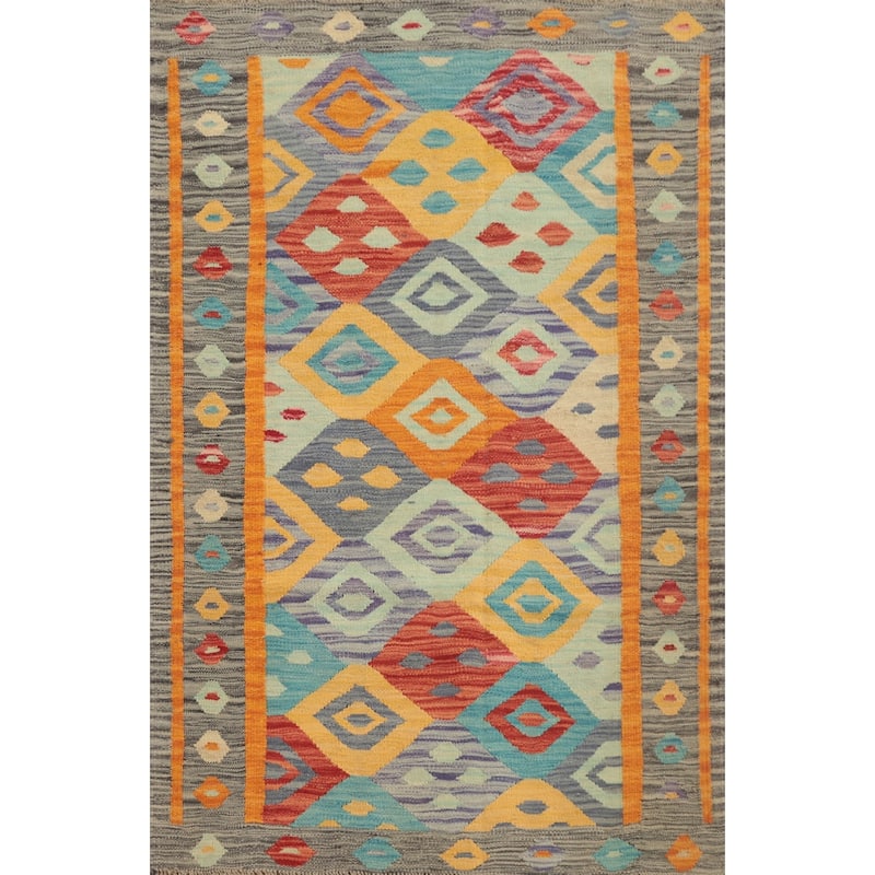 Hand Woven Oriental 100% Wool Carpet Southwestern Tribal Multi-Colored Kilim Area Rug - 4' 8'' X 3' 3''
