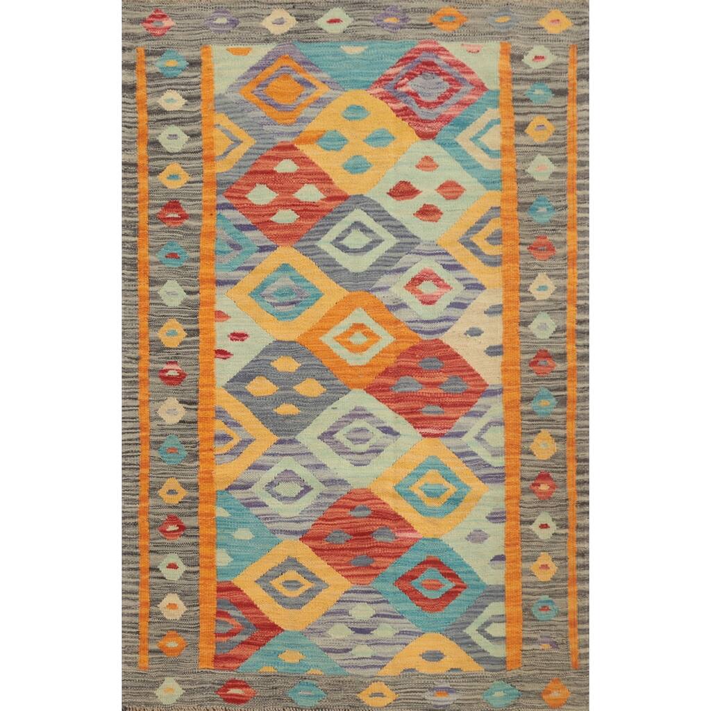 Hand Woven Oriental 100% Wool Carpet Southwestern Tribal Multi-Colored Kilim Area Rug - 4' 8'' X 3' 3''
