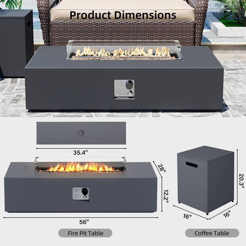 Patio Watcher iron outdoor fire pit table with gas tank cover, lid, and glass wind guard
