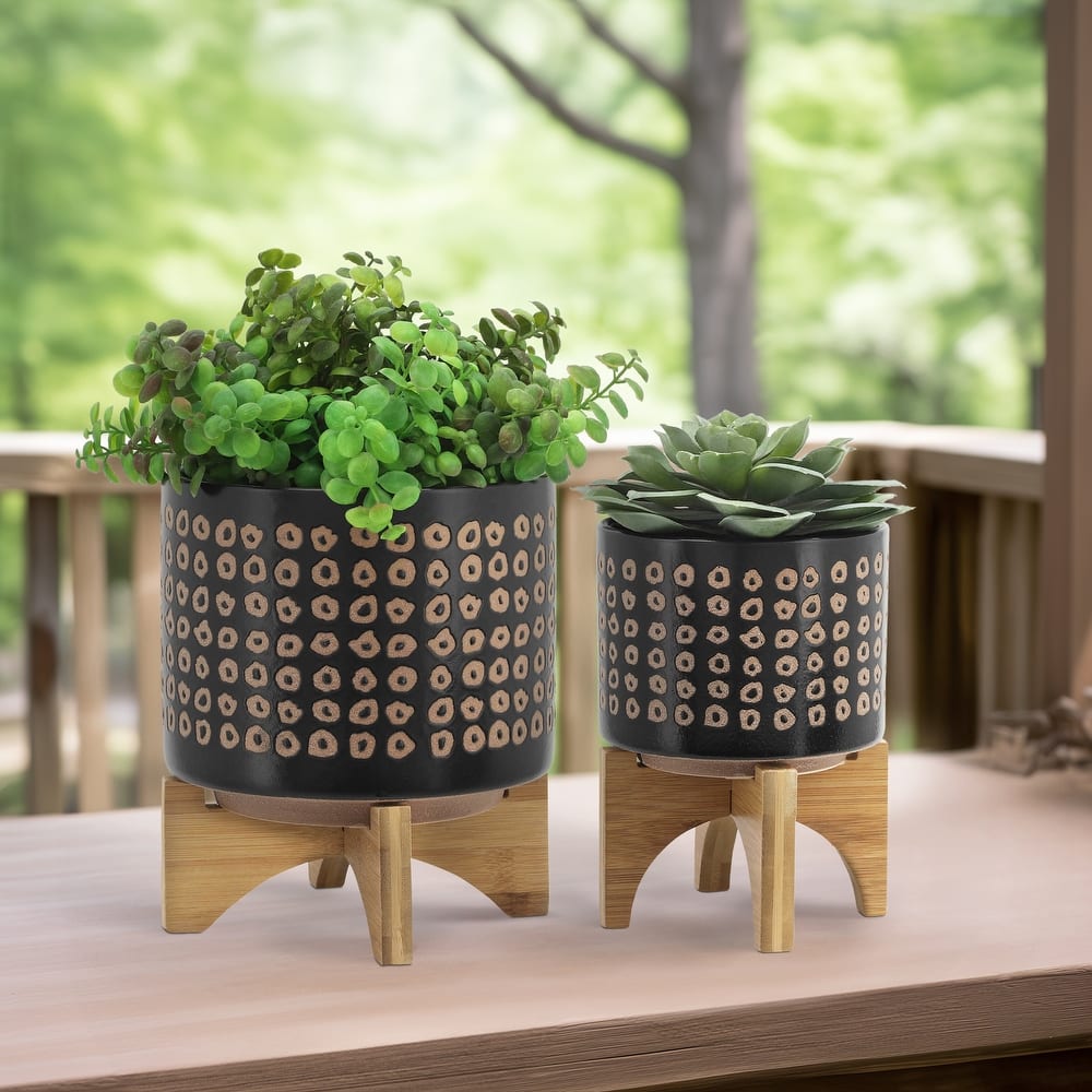 Sagebrook Home Neutral Tan and Brown Ceramic Dotted Planter with Wood Stand Indoor Outdoor