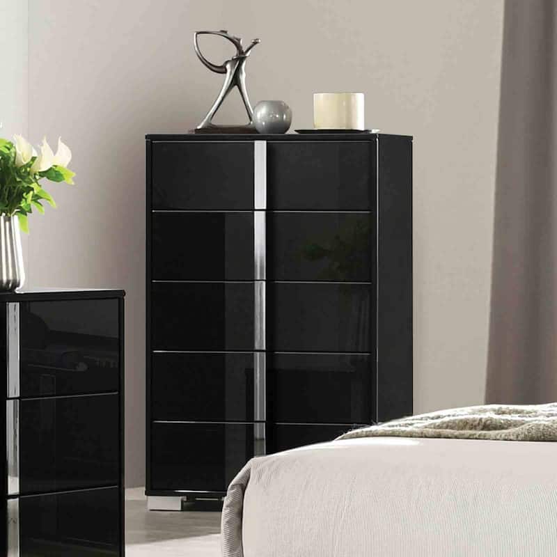 Modern Piano-Black Bedroom Set with LED Headboard and Chrome Details