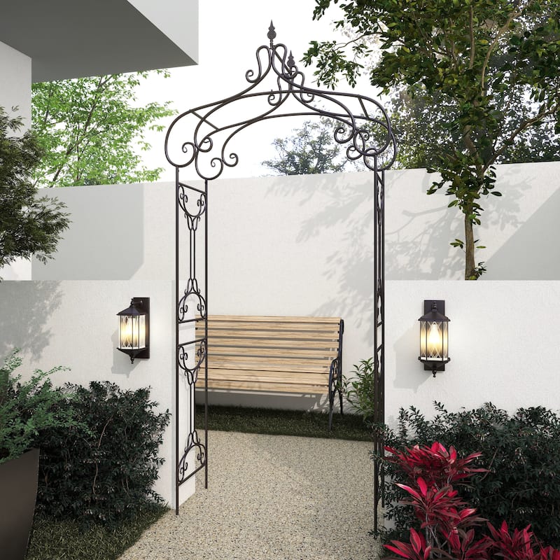 Black Metal Indoor Outdoor Scrollwork Arched Fleur De Lis Garden Arbor