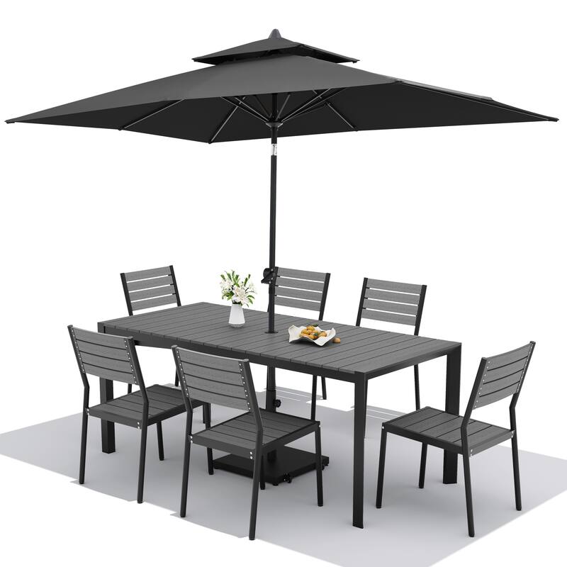 Set of 9 Outdoor Patio Dining Set WoodLike Aluminum Umbrella Hole Table with Stackable Chairs, Double Top Market Umbrella Set