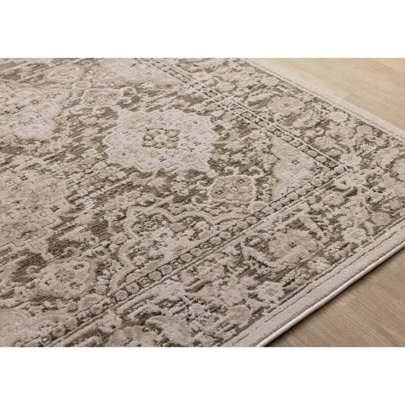 Taupe White Green Elegant Classic Textured Rug