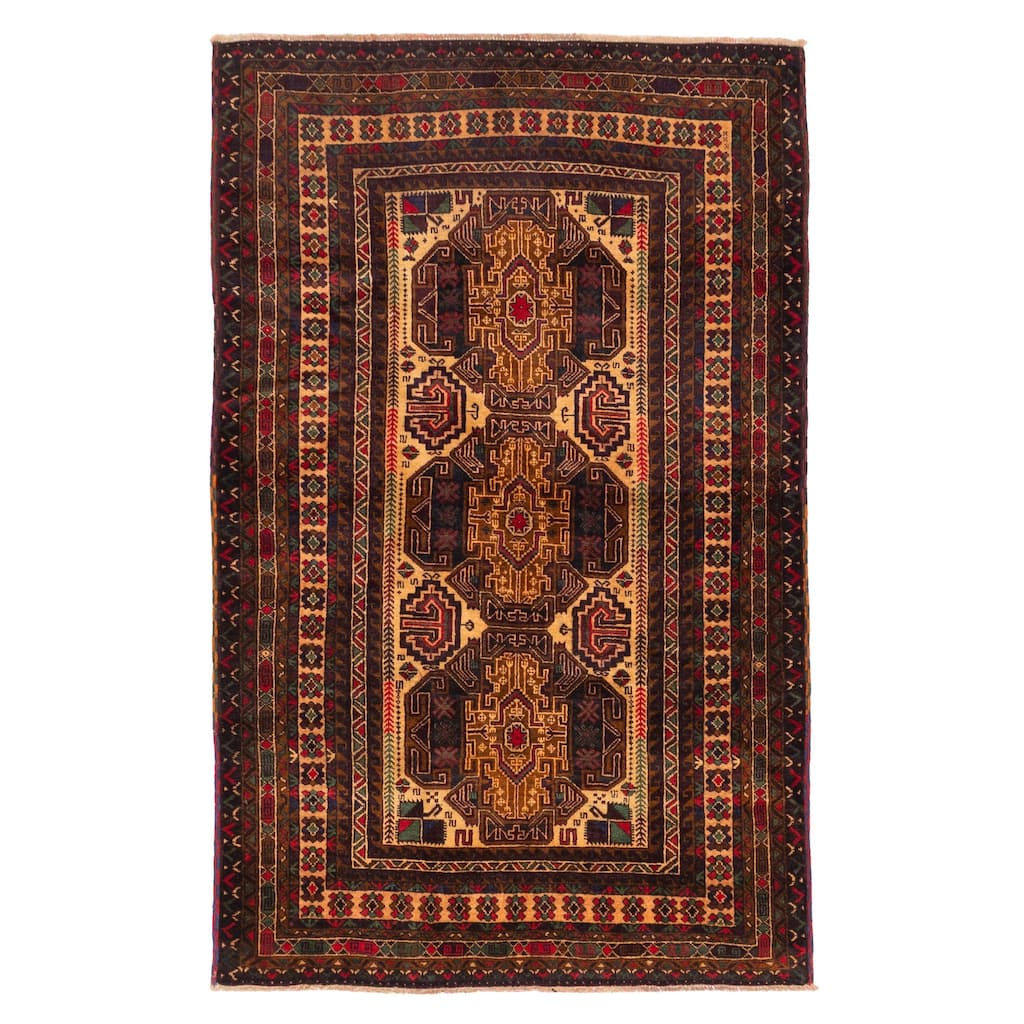 ECARPETGALLERY Hand-knotted Teimani Cream, Dark Navy Wool Rug - 3'10 x 6'2