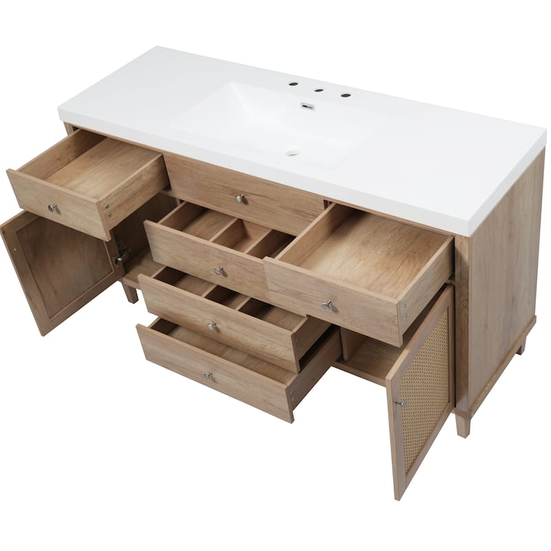 Bathroom Vanity with SMC Sink, Large Storage Bathroom Storage Cabinet with Soft Close Drawers and Rattan Doors