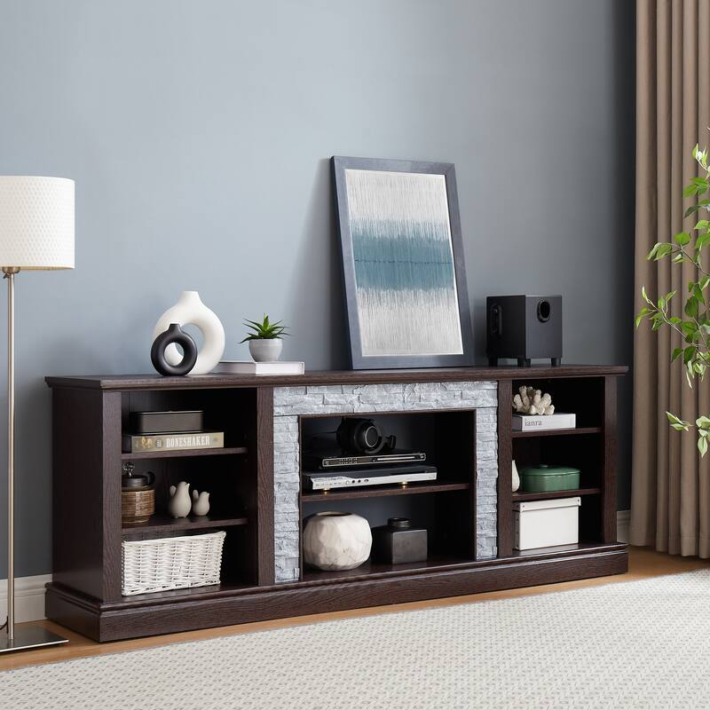 70" TV Stand with Faux Stone Surround, Entertainment Center Media Console Table with Large Storage and Cable Management