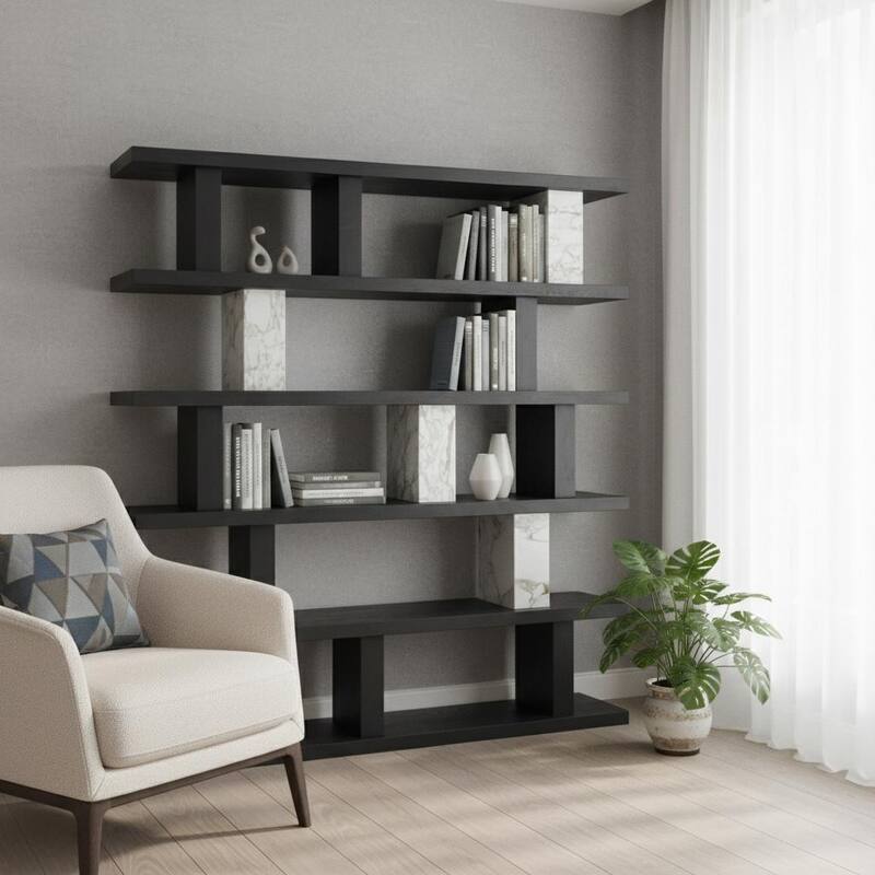 HomeRoots 71" Black And White Wood And Faux Marble Five Tier Geometric Bookcase - White/Black