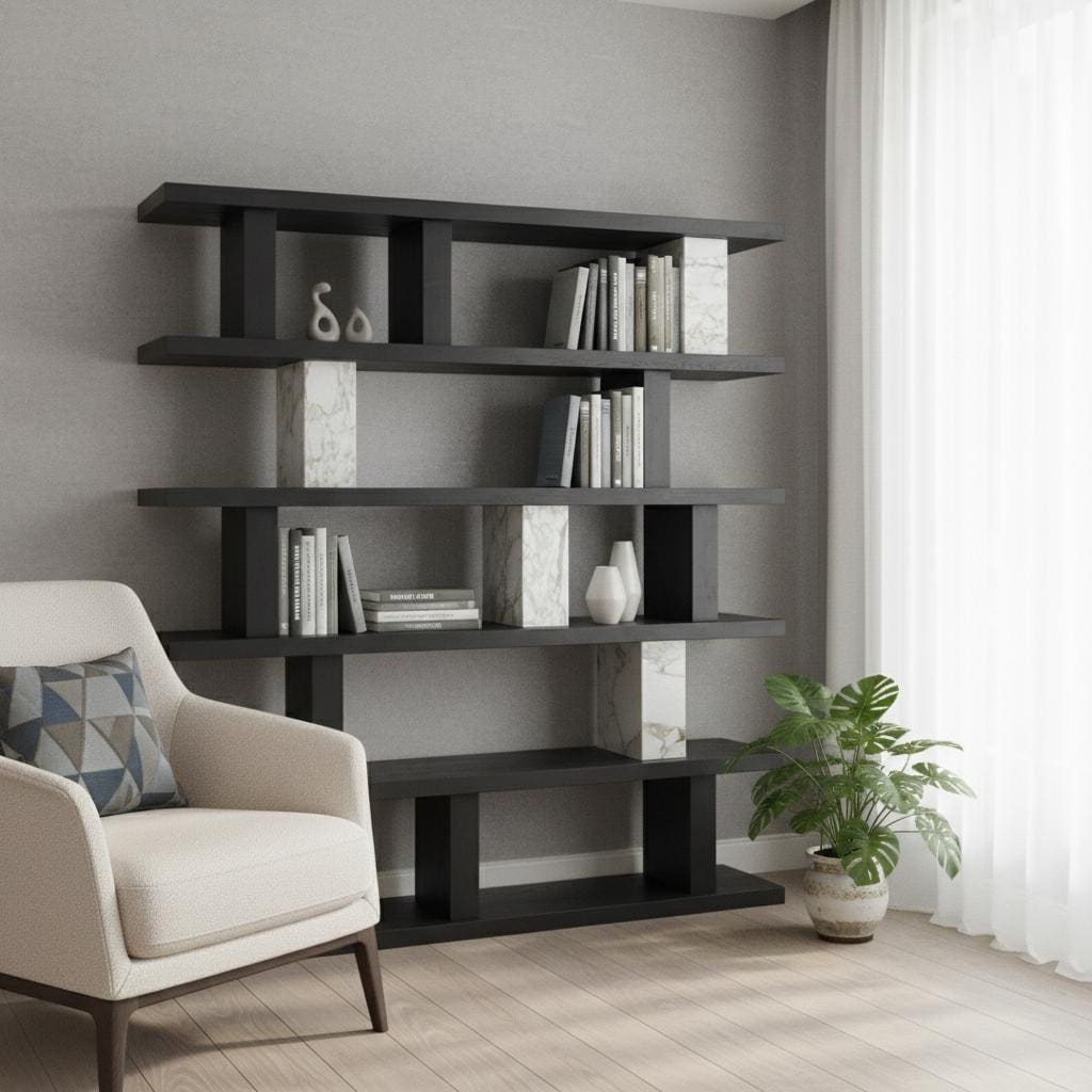 HomeRoots 71" Black And White Wood And Faux Marble Five Tier Geometric Bookcase