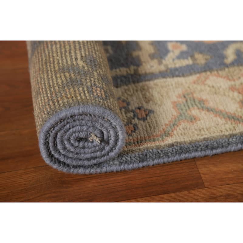 Blue & Beige Oushak Indian Runner Rug Hand-Knotted Wool Carpet - 2'7"x 8'0"