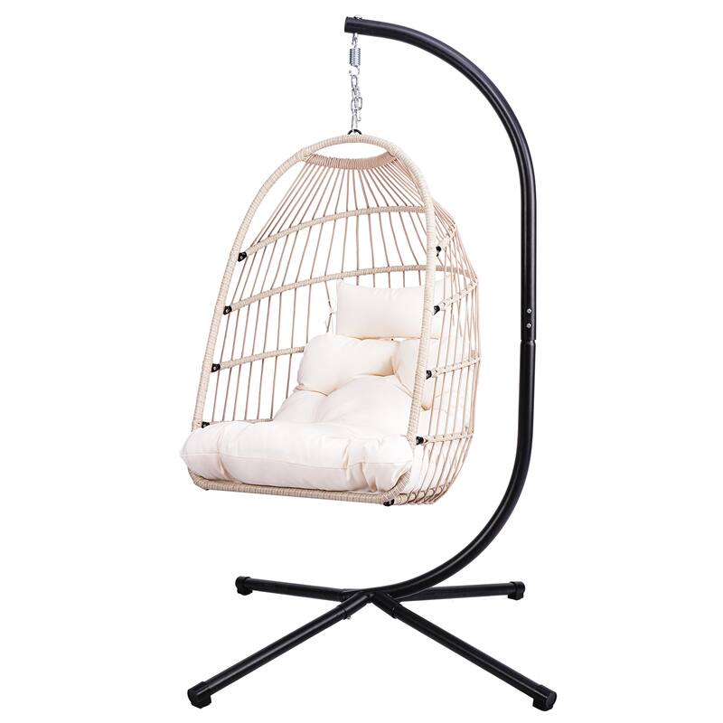 Outdoor Egg Hanging Chair, Swing Chair with Stand & Aluminum-Steel Frame, Patio Rattan Wicker Hanging Swing Egg Chair