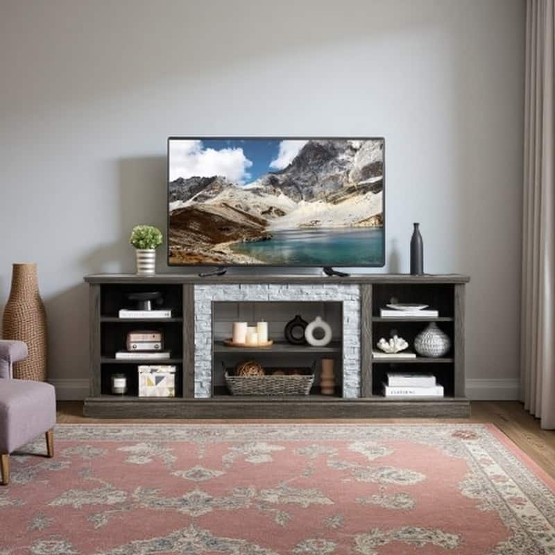 Large Storage TV Stand for TVs up to 75'' with Faux Stacked Stone, Adjustable Shelves and Cable Management