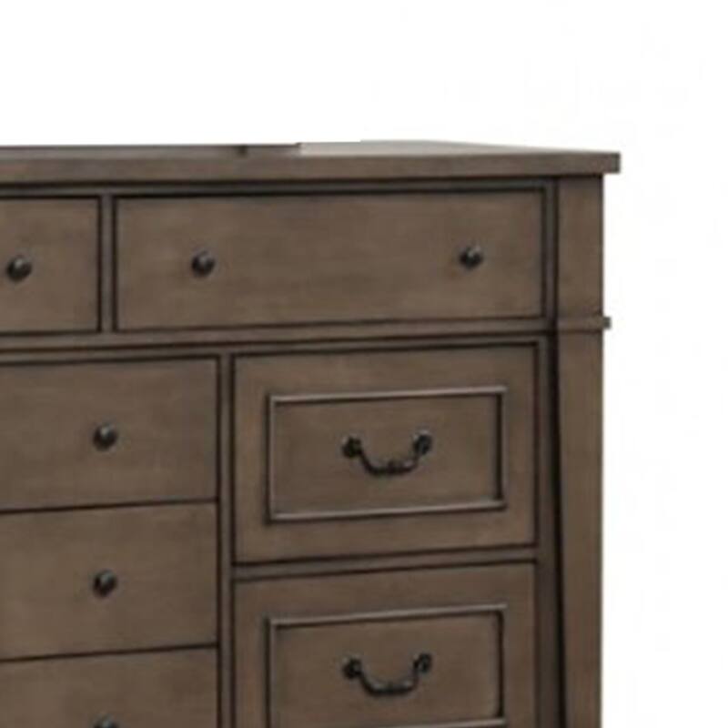 Huder Wide Dresser, 9 Drawers, Dark Walnut Brown Solid Wood, Black