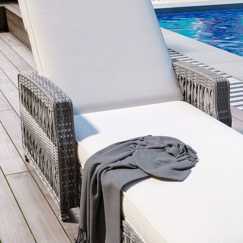 Outdoor Wicker Reclining Chaise Adjustable Pool Lounger with Cushion