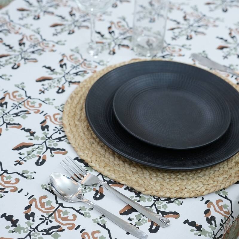Fabdivine Handmade Block Print Cotton Brown Table Cover or Cloth Dining, Farmhouse & Kitchen Décor