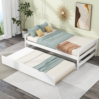 Twin Size Platform Bed with Twin Size Trundle, Solid Pine Wood + MDF Construction, Includes Headboard, Footboard, White