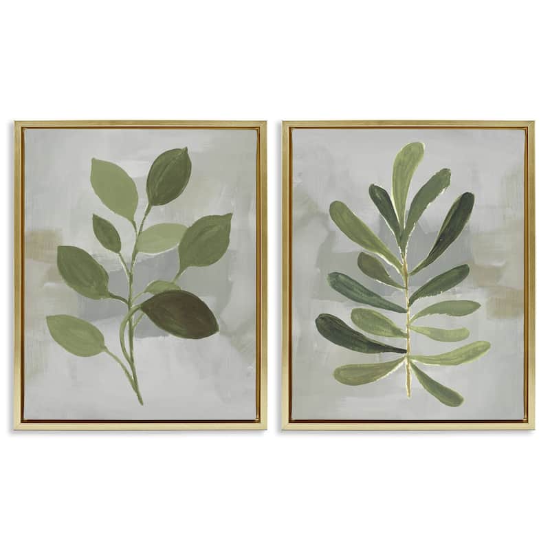 Stupell Green Leaf Branches on Grey Framed Floater Canvas Wall Art Design By Lanie Loreth (Set of 2) - 17 x 21 - Gold