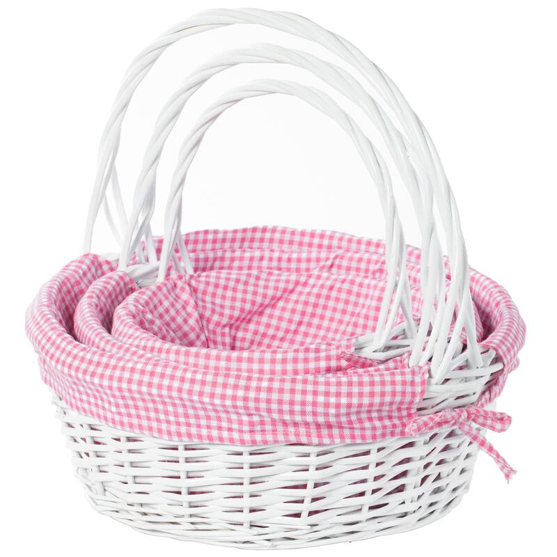 White Round Willow Gift Basket, with Gingham Liner and Handle - Set of 3 - Pink