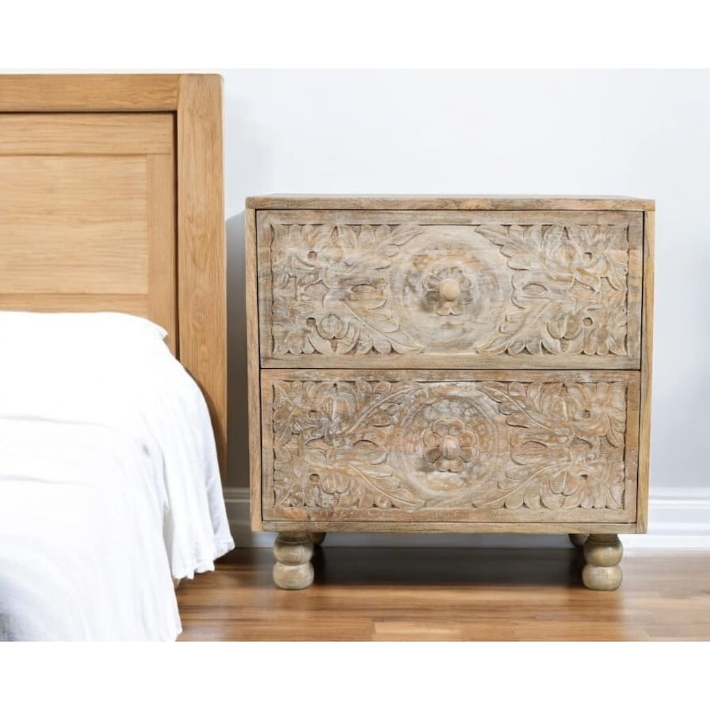 24" Natural Two Drawer Distressed Carved Floral Solid Wood Nightstand