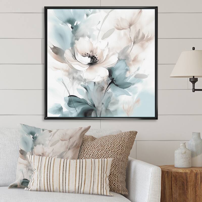 Designart "Delicate Grey Flowers I" Floral Framed Wall Art For Living Room - 36 in. wide x 36 in. high - Black