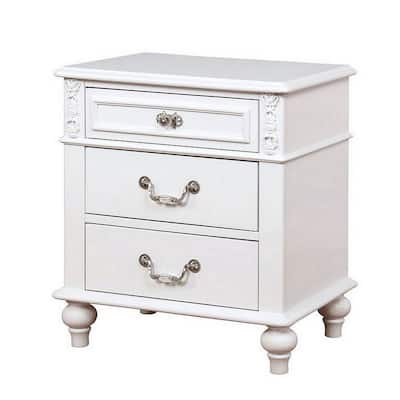 Nightstand with 3 Drawers and Built In USB Port, White