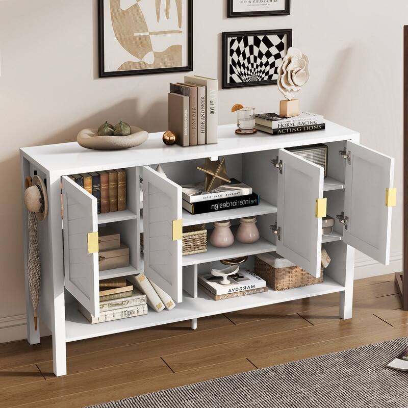 Modern 55.1" Storage Sideboard with 4-Doors, Multi Functional Buffet Table with Open Shelf and Adjustable Shelves