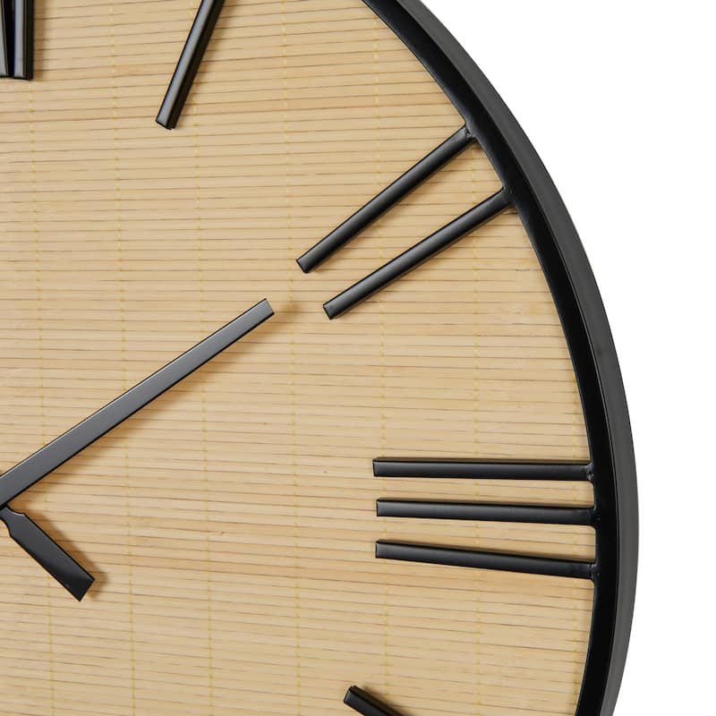 Wooden Wall Clock with Black Metal Numbers and Frame - Light Brown - Roche River Decor - 2"W x 28"L x 28"H
