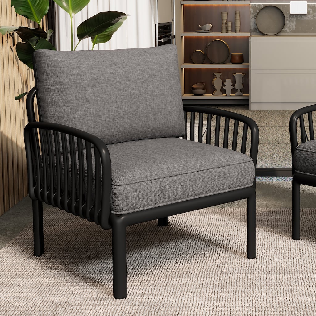 Black Gray Patio Chair Armchair Reading Chair Accent Chair with Cushion, Padded Chair Club Chair Reception Chair