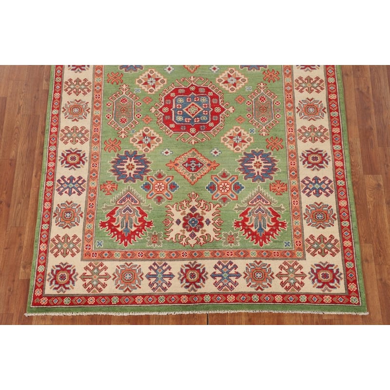 Traditional Green Kazak Oriental Area Rug Hand-Knotted Wool Carpet - 4'11" x 6'9"