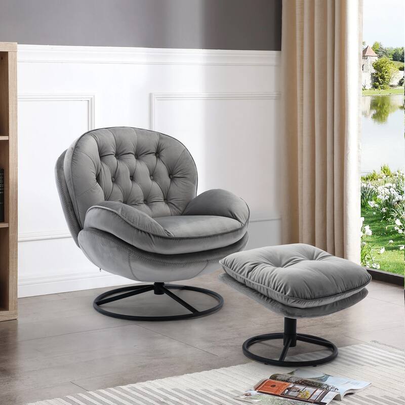 Velvet Swivel Accent Chair with Ottoman & Metal Legs (360° Rotation)