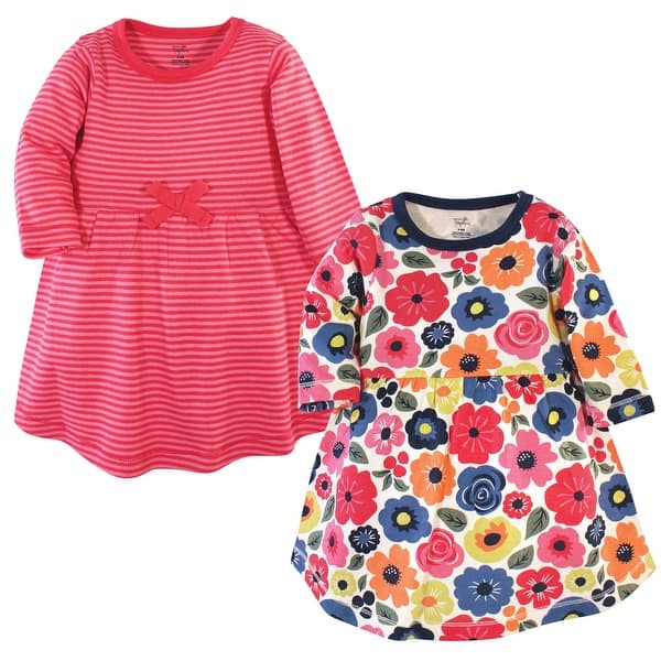 slide 1 of 1, Touched by Nature Baby and Toddler Girl Organic Cotton Long-Sleeve Dresses 2pk, Bright Flowers 2T - Baby Toddler Bright Flowers Long Sleeve