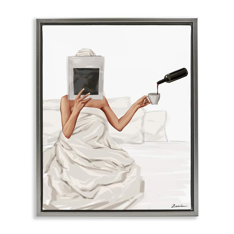 Stupell Cozy in Bed with Drink Framed Floater Canvas Wall Art Design By Ziwei Li - 17 x 21 - Grey