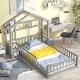 preview thumbnail 3 of 7, Gray Twin Size Pine Wood House-Style Headboard Floor Bed with Fence Guardrails without cushion