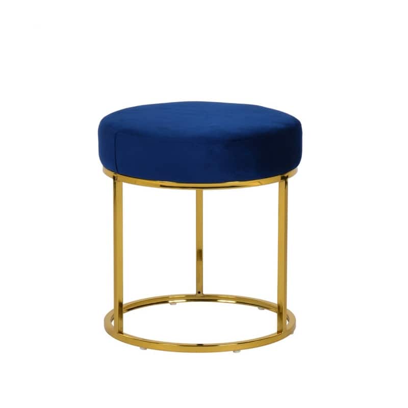 16" Blue Velvet Round Footstool Ottoman with Gold Stainless Steel Base