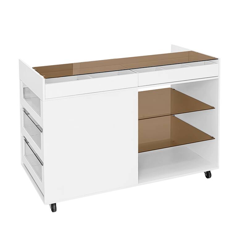 Roomfitters Multi-Functional Storage Island Vanity Console with Glass Display Shelves and Reversible Top, White