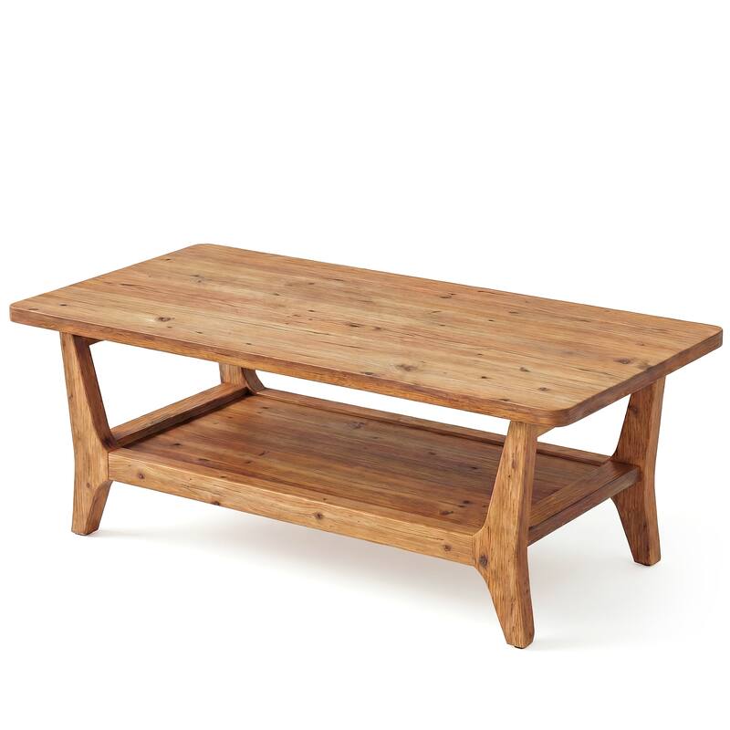 47'' Solid Wood Coffee Table with Open Storage Shelf, Mid-Century Rectangle Center Table