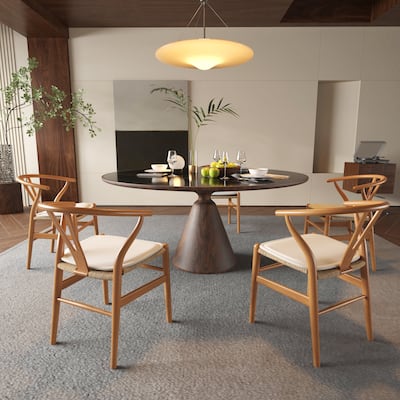 Solid Wood Modern Retro Dining Chair Armchair Set of 2, Dining Room Lounge Accent Chairs with Woven Seat Cushion
