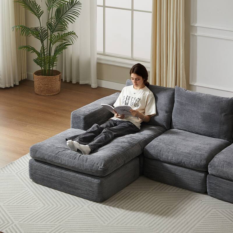 L-Shaped Sectional Sofa with Chaise Lounge, Corduroy Upholstered Boneless Couch, Module Corner Sofa with 3 Pillows