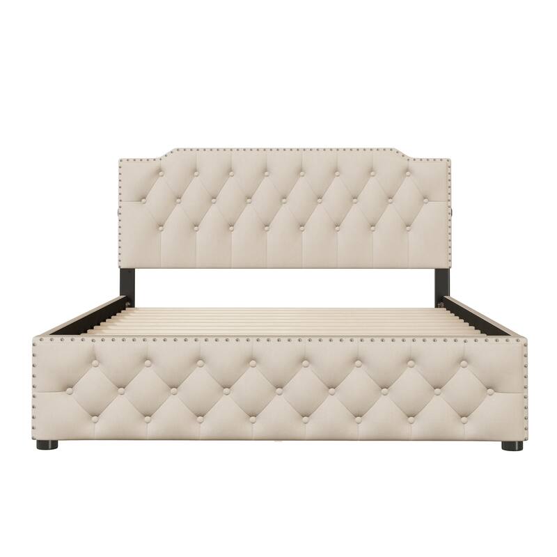 Queen Size Upholstered Platform Bed with 2 Drawers and 2 sets of USB Ports on each side, Linen Fabric