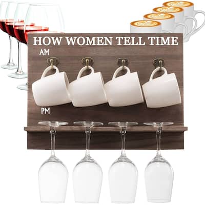 "How Mom Tells Time" Wall Mounted Wine Rack - Unique Funny Wine Gift for Her -4 Wine Glasses, and Mugs Included